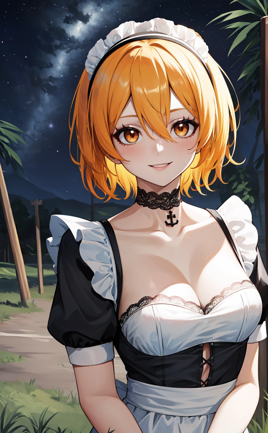 masterpiece, best quality, highres,
dondef, 1girl, solo, short hair, blonde hair, smile, yellow eyes, hair between eyes, orange eyes,
maid, maid headdress, maid apron, lace trim, lace, hairband, lace-trimmed hairband, anchor choker, choker, medium breasts, cleavage, collarbone, 
upper body, looking at viewer, hands on own chest, outdoors, forest, field, night, darkness, shadow, sky, night sky, star \(sky\), starry sky, <lora:LoRA_Don:1>