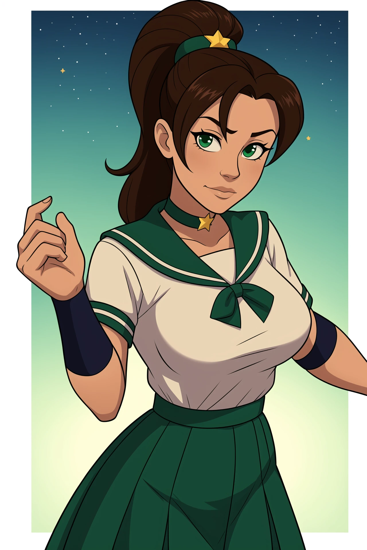 brown hair,highres,ponytail,gloves,star \(symbol\),absurdres,tiara,kino makoto,reaching towards viewer,green skirt,clenched hands,star choker,green sailor collar,reaching,long hair,bowtie,dj jdite,sailor collar