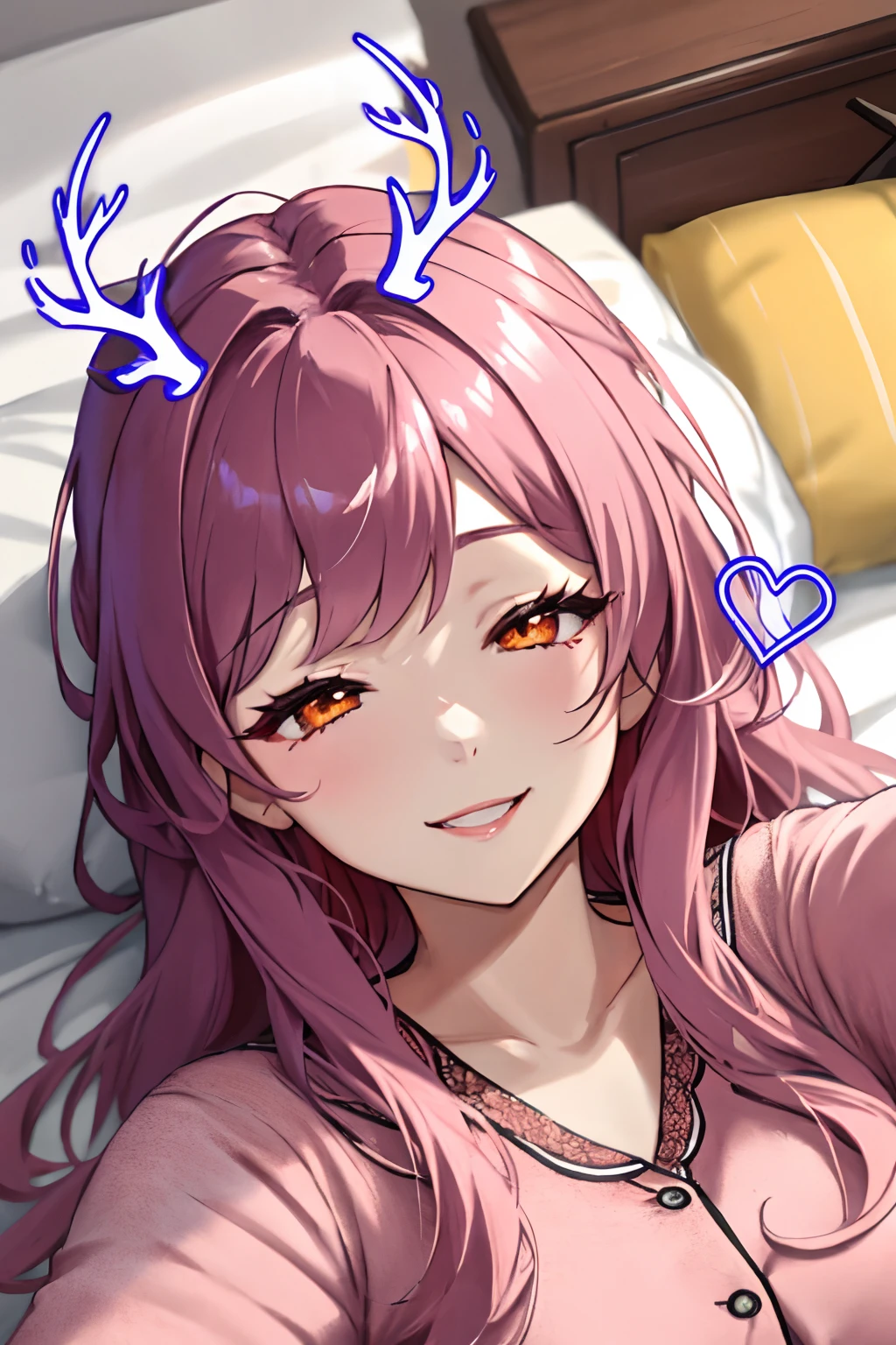 masterpiece, 4k, best quality, highly detailed, antlersfilter, blue face filter, face filter,(heartsfilter:1.2), <lora:neon face filter v1:1>, mature female,1girl,(selfie:1.2), close up, pink hair, orange eyes, cute lips, long hair, wavy hair,lying on back, on bed,( lying:1.1), smile, head on pillow,(from above:1.2), pajama, sleepy, half-closed eyes,