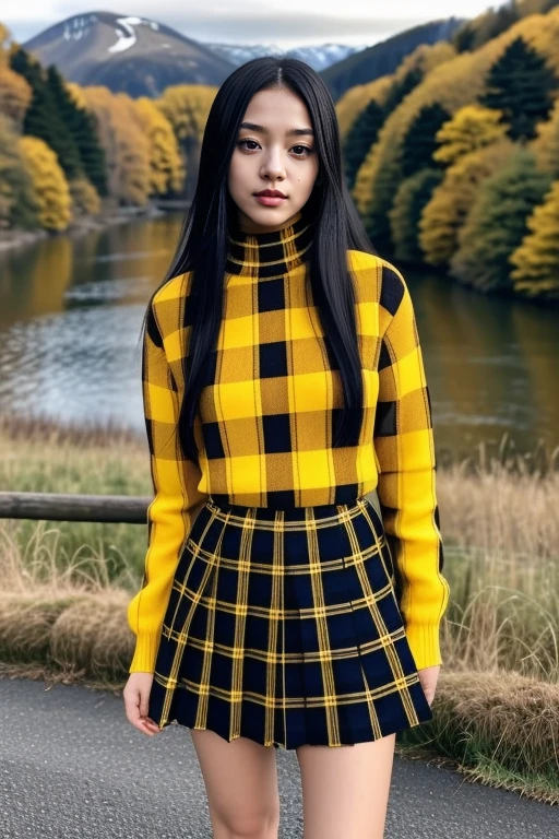 1 woman, 22yo, realistic, masterpiece, high detailed skin, looking at viewer, full body shot, scenic view, long hair, black hair
yellow plaid pleated miniskirt, yellow turtle neck sweater <lora:Yellow_Sweater_Skirt_By_Stable_Yogi:1>