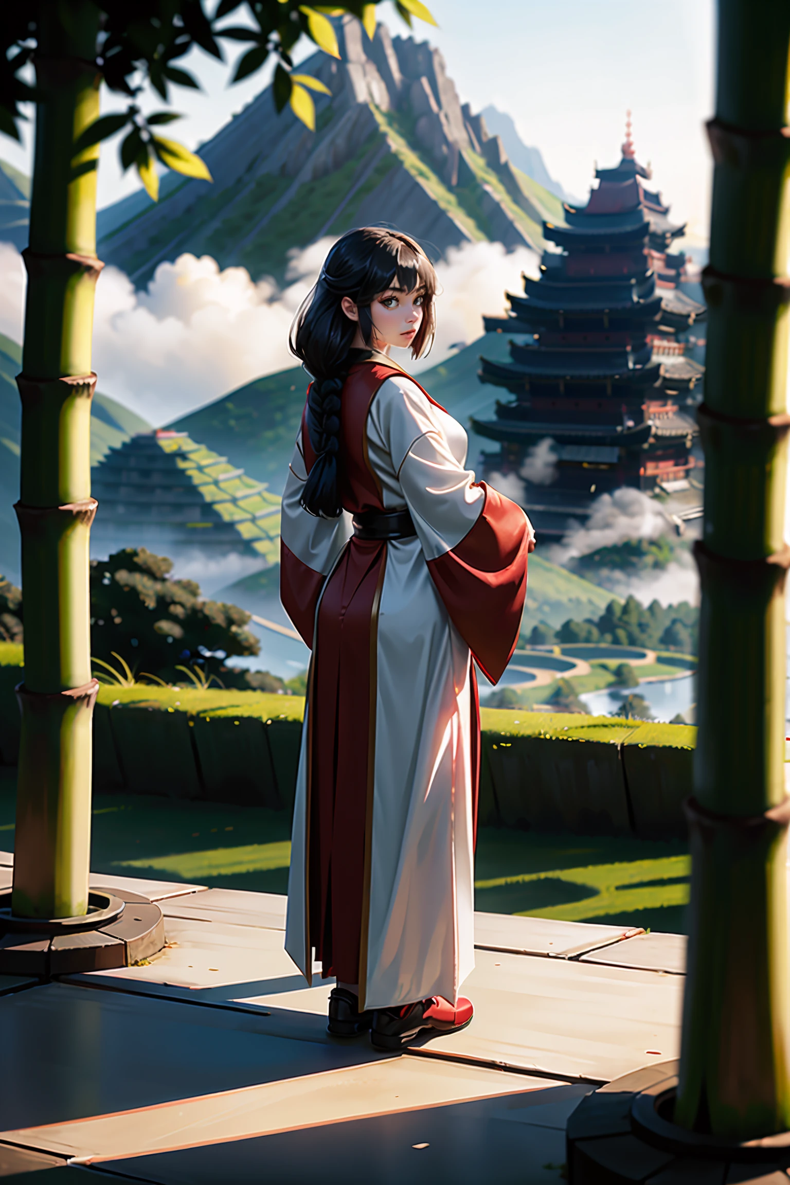 1girl, fullbody, standing, slim, (bamboo trees), kabuto, red samurai armor, misty air, strong sunlight, mossy path, mountain village, huge weapon, mountain top scenery, full length robes, pants, shoes
