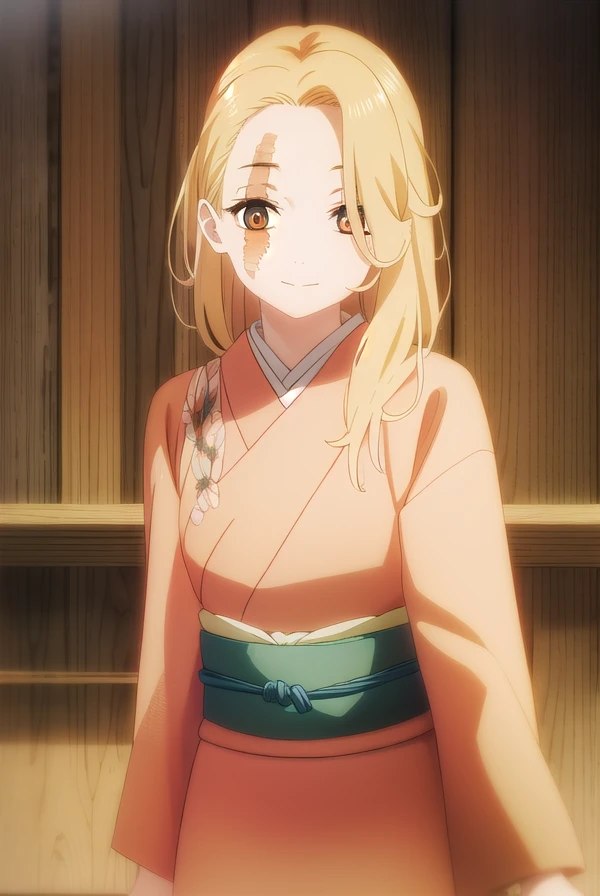 jigokuyui, <lora:jigoku yui s1-lora-nochekaiser:1>,
yui, long hair, blonde hair, (brown eyes:1.5), scar, scar on face, smile,
BREAK long sleeves, japanese clothes, kimono, sash, obi, grey kimono,
BREAK indoors,
BREAK looking at viewer, (cowboy shot:1.5),
BREAK <lyco:GoodHands-beta2:1>, (masterpiece:1.2), best quality, high resolution, unity 8k wallpaper, (illustration:0.8), (beautiful detailed eyes:1.6), extremely detailed face, perfect lighting, extremely detailed CG, (perfect hands, perfect anatomy),