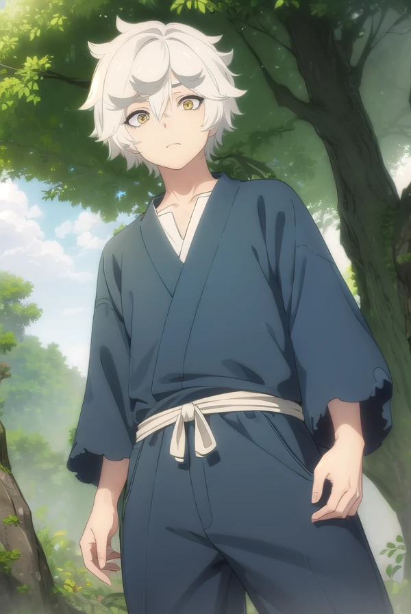gabimaru, <lora:gabimaru s1-lora-nochekaiser:1>,
gabimaru, short hair, (yellow eyes:1.3), white hair, male focus,
BREAK japanese clothes, pants, sandals,
BREAK outdoors, forest, nature, sky, sun, clouds,
BREAK looking at viewer, (cowboy shot:1.5),
BREAK <lyco:GoodHands-beta2:1>, (masterpiece:1.2), best quality, high resolution, unity 8k wallpaper, (illustration:0.8), (beautiful detailed eyes:1.6), extremely detailed face, perfect lighting, extremely detailed CG, (perfect hands, perfect anatomy),