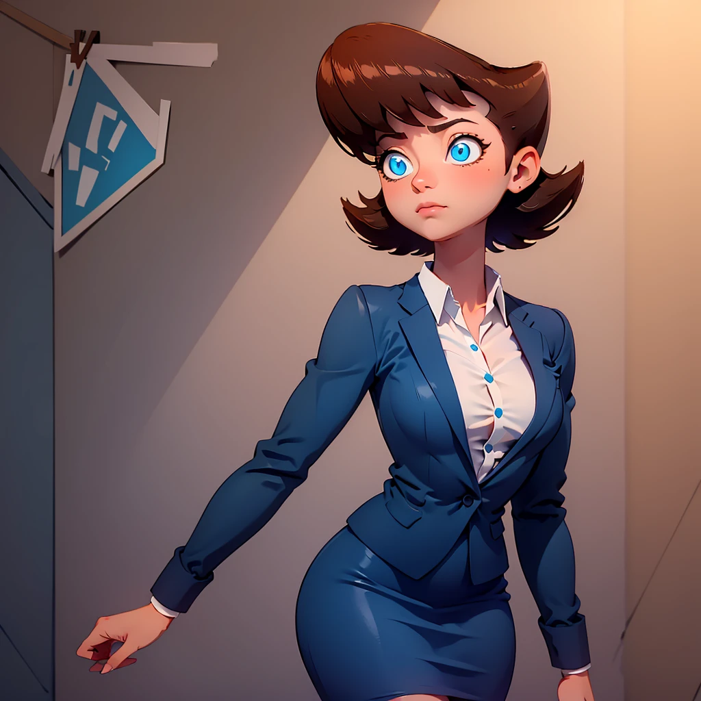 solo, cowboy shot, 1girl, Lila test, formal, suit, jacket, blue skirt, pencil skirt , blue eyes, brown hair, white shirt, short hair,  <lora:Lila_Test_Leaf2:0.8>, gradient background,