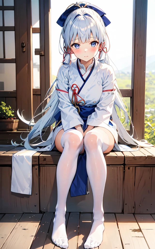<lora:meinamix_ayaka_v2:0.7>, kamisato, white shirt inside, blue apron, white silk stockings, bare upper thigh, sitting, crossed legs, crossing legs, foot, outdoor, perfect fingers, perfect toes