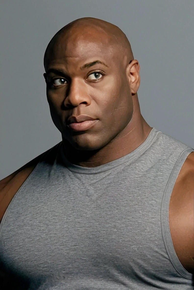 (RAW photo), joshsweet, grey background, <lora:JoshuaSweet:0.75>, muscular, bald, dark-skinned male