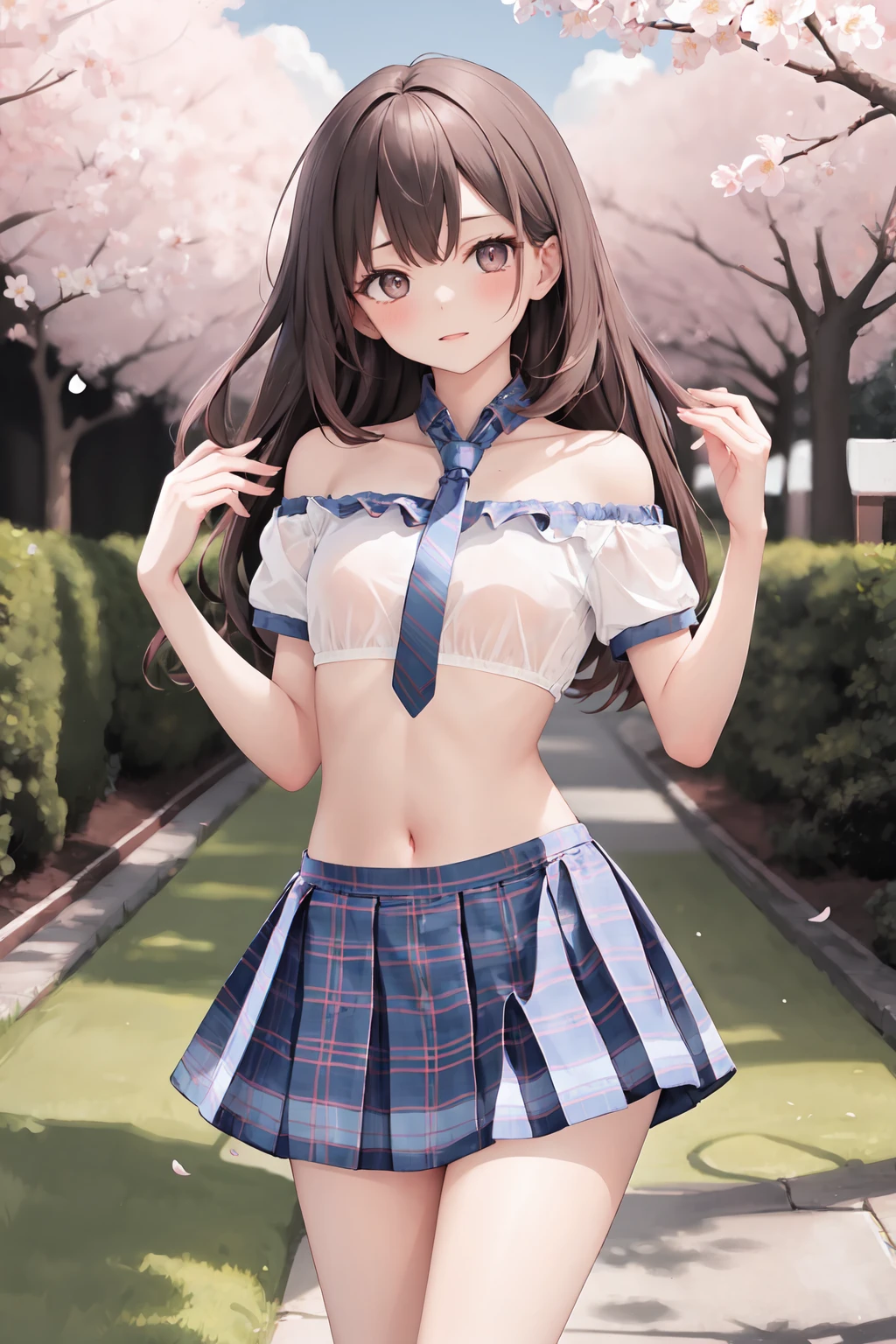 masterpiece,best quality,highres,ultra-detailed,cowboy_shot,(facing viewer:1.1),solo,1girl,small_breasts,straight_long_hair,standing,outdoors,garden,cherry blossom trees,low_cut_school_uniform, plaid skirt, necktie, navel, <lora:low_cut_school_uniform_1:1>