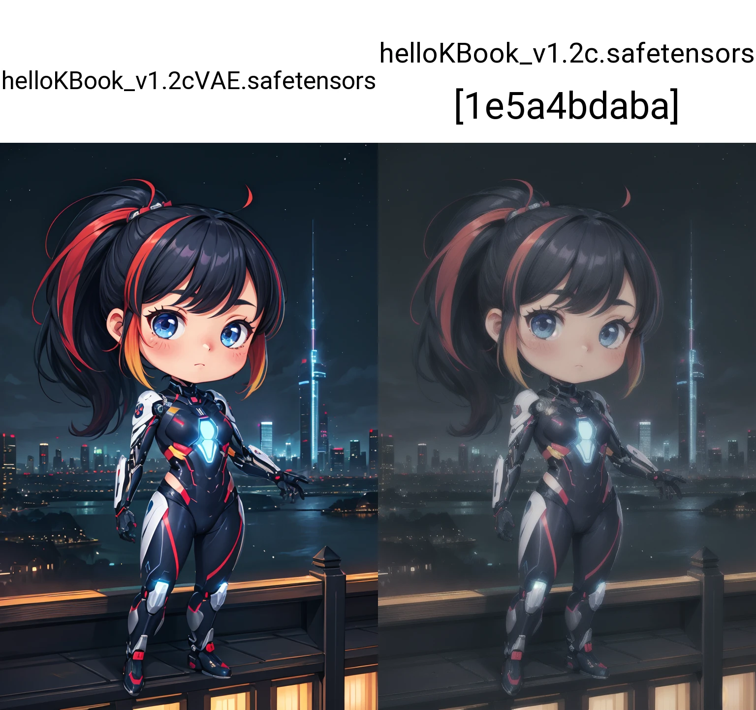 (chibi:1.2),masterpiece,best quality,landscape,1girl,solo,Handsome Girl,Cybernetic suit,ponytail,Long multicolored hair,nightcity,night city,full-length,Evil,<lora:more_details:0.3>,<lora:GoodHands-beta2:1>