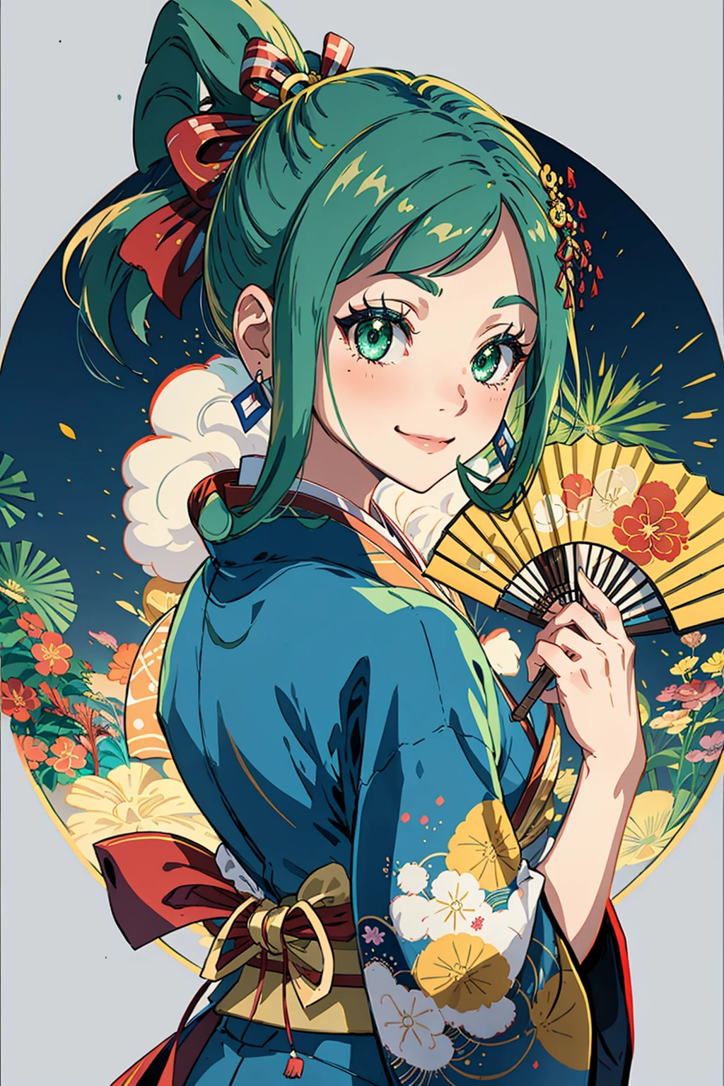 masterpiece,best quality, <lora:lisia:1>,1girl, green hair, green eyes, smile, solo, closed mouth, fireworks, holding, earrings, hand fan, eyelashes, ribbon, jewelry, red ribbon, paper fan, white border, looking back, hair ribbon, kimono, border, looking at viewer, blush, japanese clothes, holding fan, long hair, uchiwa, bangs, upper body, hand up, blue kimono, sidelocks, ponytail,