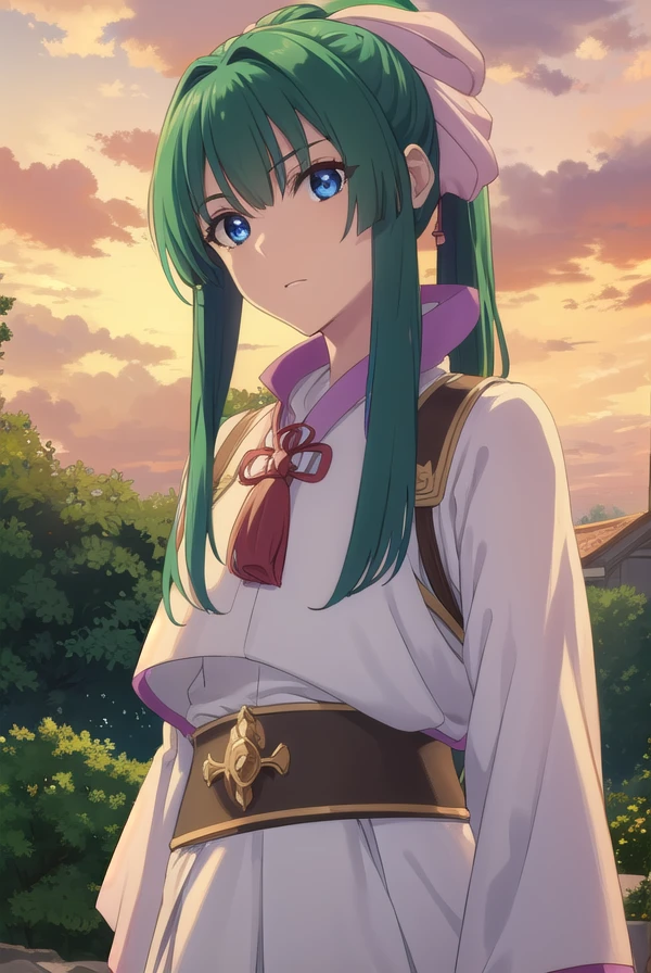 yomogiemarl, <lora:yomogi emarl s2-lora-nochekaiser:1>,
yomogi emarl, long hair, bangs, blue eyes, hair ornament, bow, hair bow, ponytail, green hair, hair intakes,
BREAK skirt, japanese clothes, hakama, hakama skirt,
BREAK outdoors, forest, nature, sky, sun, clouds,
BREAK looking at viewer, (cowboy shot:1.5),
BREAK <lyco:GoodHands-beta2:1>, (masterpiece:1.2), best quality, high resolution, unity 8k wallpaper, (illustration:0.8), (beautiful detailed eyes:1.6), extremely detailed face, perfect lighting, extremely detailed CG, (perfect hands, perfect anatomy),