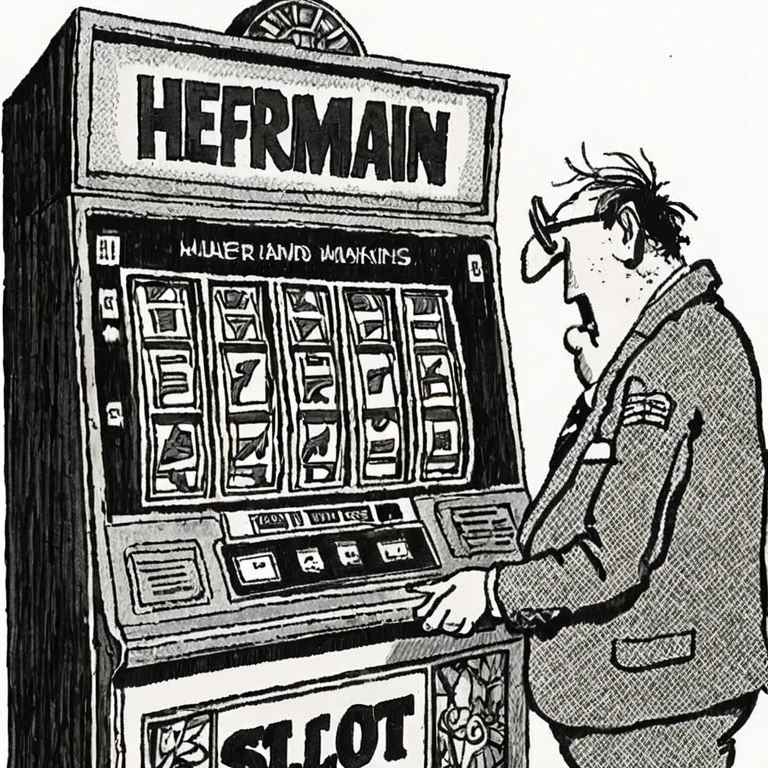 a black and white newspaper comic illustration of Herman, a slot machine by Jim Unger <lora:Herman_Style_XL:1>