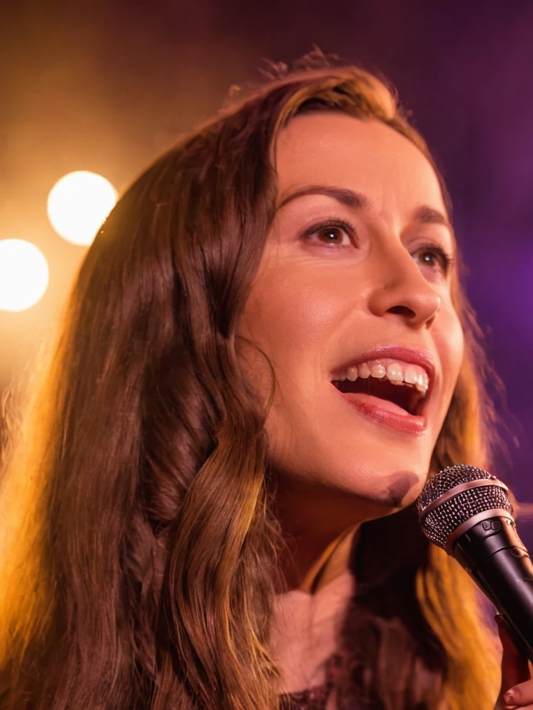 (concert stage light)  medium closeup low angle shot    almrst,  woman,beautiful,long brown hair, singing happy, on a concert stage,microphone , deep of field, bokeh ,casual 90's outfit, <lora:almrstSDLX16_8Auto-000003:1>