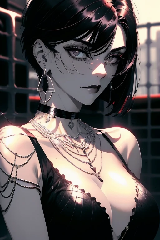 <lora:zoom_slider_v1:2>,<lora:age_slider_v2:4>,1girl,solo,jewelry,looking at viewer,earrings,chain-link fence,fence,bangs,piercing,portrait,black hair,blurry,short hair,makeup,fishnets,closed mouth,necklace,blunt bangs,gothic,greyscale,ear piercing,chain,blurry background,choker,medium hair,outdoors,barbed wire,<lora:tangbohu-line_1.0:-1>,<lora:detailedeyes_custome_name:1>,<lora:unique_artstyle:0.5>,