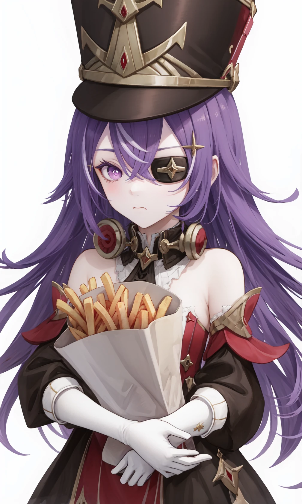 <lora:夿²è¾-000019:1>,Chevreuse,1girl,food,food on face,solo,hat,purple hair,holding,eyepatch,french fries,long hair,gloves,eating,purple eyes,holding food,looking at viewer,white gloves,white background,bare shoulders,bangs,military hat,uniform,hair between eyes,simple background,chicken \(food\),, 1girl,
, (masterpiece,best quality:1.2),absurdres