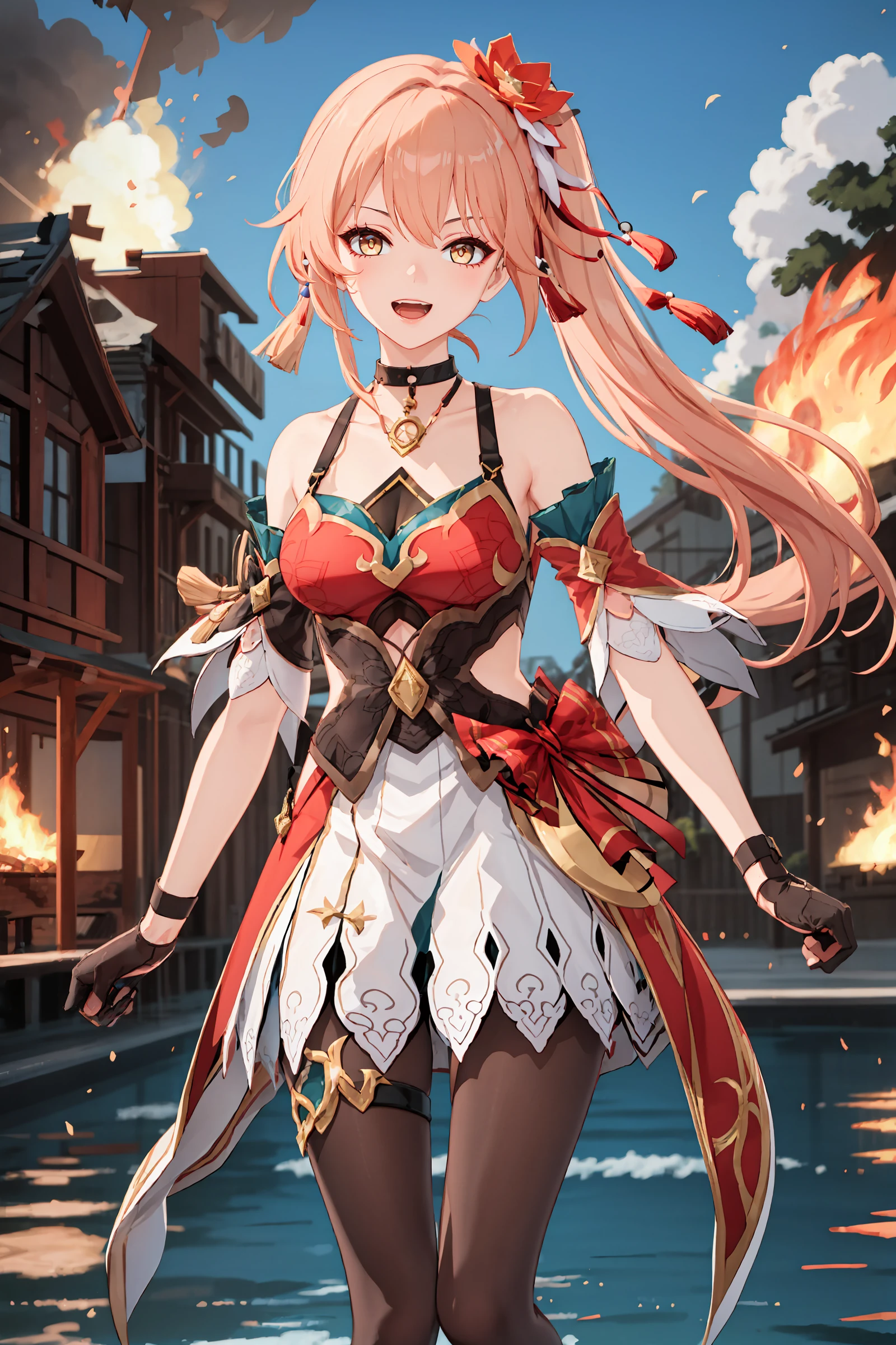1girl, guinaifen \(honkai: star rail\), side ponytail, solo, black gloves, brown pantyhose, hair ornament, halter dress, pendant choker, side ponytail, full body, detached sleeves, thigh strap, looking at viewer, smile, open mouth, cowboy shot, floating, midair, explosion, fire, depth of field, masterpiece