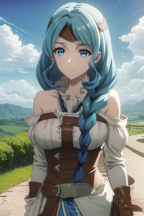theresealexanderite, <lora:therese alexanderite s2-lora-nochekaiser:1>,
therese alexanderite, long hair, blue eyes, blue hair, braid, single braid, aqua hair,
BREAK bare shoulders, headband, circlet, detached sleeves, corset,
BREAK outdoors, forest, nature, sky, sun, clouds,
BREAK looking at viewer, (cowboy shot:1.5),
BREAK <lyco:GoodHands-beta2:1>, (masterpiece:1.2), best quality, high resolution, unity 8k wallpaper, (illustration:0.8), (beautiful detailed eyes:1.6), extremely detailed face, perfect lighting, extremely detailed CG, (perfect hands, perfect anatomy),