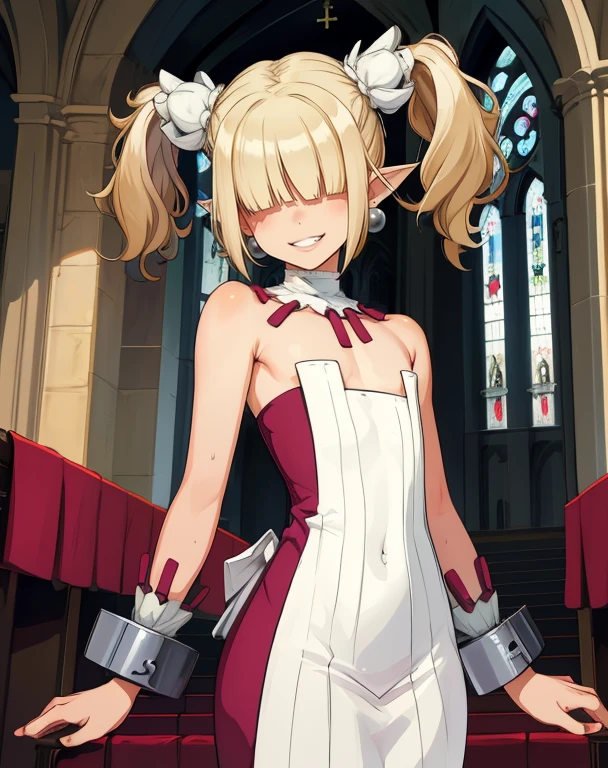 Clergy,pointy ears,short twintails,hair over eyes,blonde hair flat chest,smile,teeth,
bare shoulders,white strapless dress,earrings,wrist cuffs,
standing,
church,underworld,
(insanely detailed, beautiful detailed face, masterpiece, best quality),<lora:Clergy-10Dv8:0.8>,