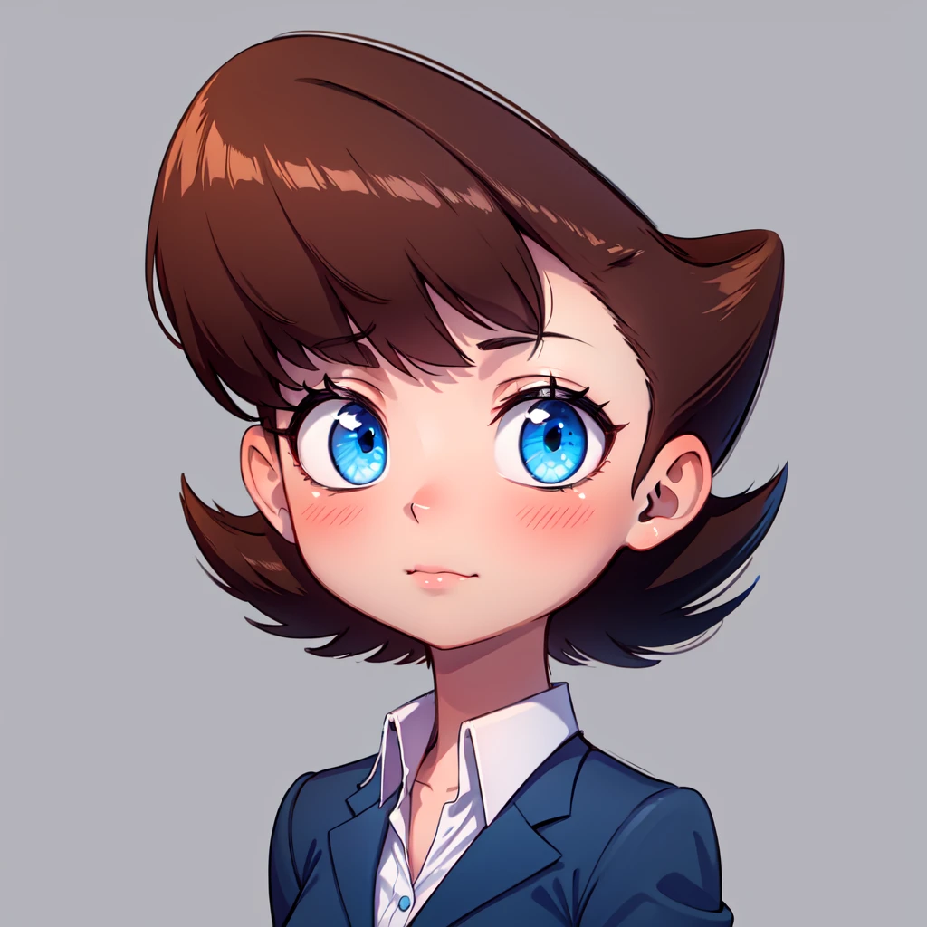 solo, 1girl, portrait, Lila test, formal, suit, jacket, blue skirt, pencil skirt , blue eyes, brown hair, white shirt, short hair,   <lora:Lila_Test_Leaf2AnyV2_0606:0.6>, simple background,