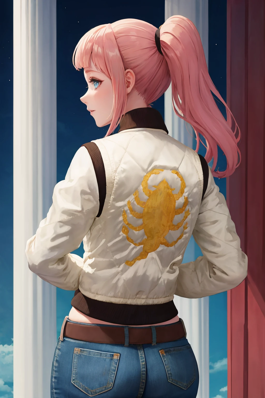 masterpiece, best quality, 1girl, solo, <lora:drivejacket-outfit-richy-v1:1> print jacket, white jacket, from behind, standing, jeans, <lora:felicia-fe-richy-v1:1> feliciadef