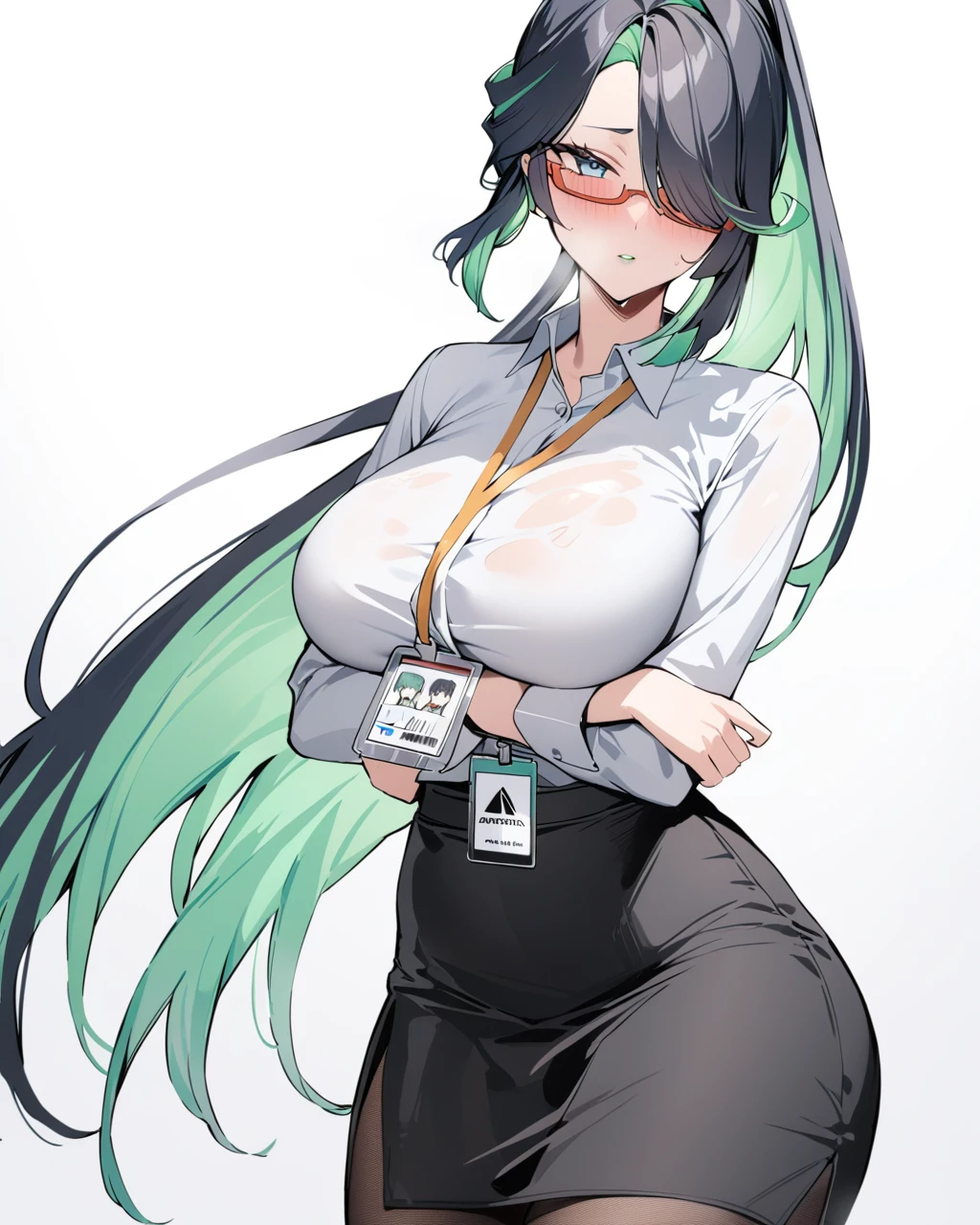masterpiece, best quality, <lora:liuyun:1>ï¼1girl, pantyhose, breasts, solo, shirt, skirt, glasses, large_breasts, long_hair, white_shirt, collared_shirt, torn_clothes, office_lady, white_background, hair_over_one_eye, green_hair, ponytail, torn_pantyhose, black_hair, black_skirt, looking_at_viewer, id_card, simple_background, pencil_skirt, multicolored_hair, lanyard, blue_eyes, long_sleeves, brown_pantyhose, bangs, very_long_hair, arm_under_breasts