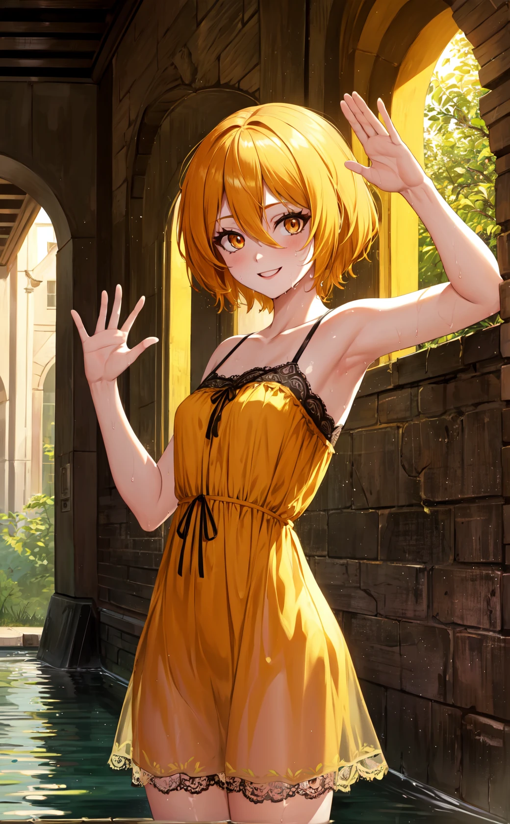 masterpiece, best quality, highres,
dondef, 1girl, solo, short hair, blonde hair, smile, yellow eyes, hair between eyes, orange eyes,
yellow dress, dress, see-through, wet clothes, wet, lace trim, lace, sleeveless, bare shoulders, collarbone,
cowboy shot, looking at viewer, waving, waving arms, outdoors, forest, field, night, darkness, shadow, <lora:LoRA_Don:1>