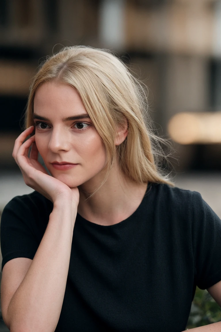 1girl, solo, woman in black tee, rest her chin in her hand, bored expression, soft colors, bokeh, masterpiece, high quality, (high detailed skin:1.1)
<lora:anya_taylor_joy_lora_v01:1> anya96, blonde hair