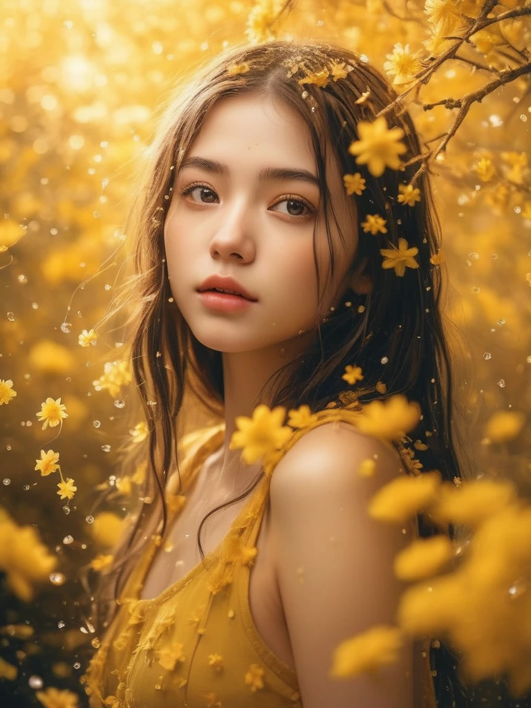 <lora:䏿¹å®¡ç¾ _ BRairt.SDXL_v1.0_0.5+zhenren_0.5:0.7>realistic,photography,(masterpiece,best quality),ultra-detailed,1girl,stars in the eyes,pure girl,(full body:0.5),There are many scattered luminous petals,Hidden in the light yellow flowers,Many flying drops of water,Many scattered leaves,branch,angle,contour deepening,cinematic angle,(Tyndall effect),