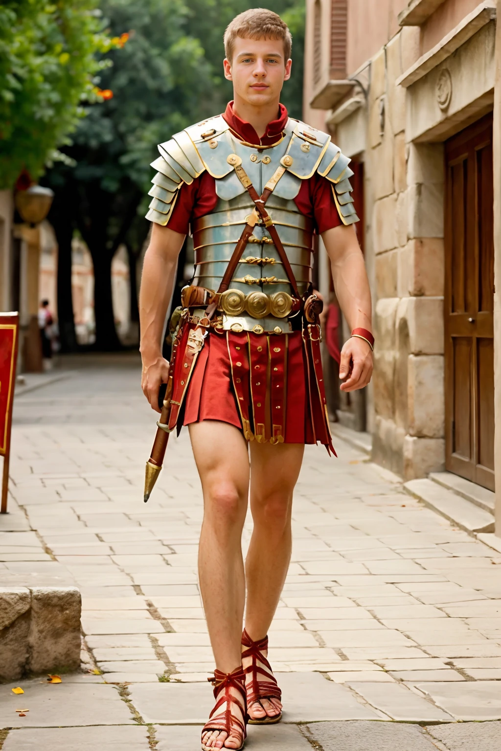 fantrome, walking the streets of a roman city, PetoMohac is a roman soldier wearing loriseg armor, red tunic, red shirt, sandals, ((full body portrait)) wide wangle <lora:PetoMohac-000008:0.8>   <lora:LoricaSegmentataRomanLegionary_V2-E10:0.6>  <lora:fantrome_v3:0.45>