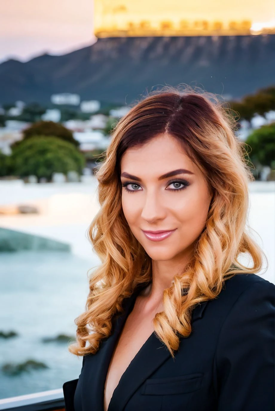 A full color portrait of a beautiful woman wearing a black business suit with a white blouse,Cape Town, South Africa at sunrise,portait, epic character composition,by ilya kuvshinov, alessio albi, nina masic,sharp focus, subsurface scattering, f2, 35mm, film grain ,sexy smile <lora:shonari:1>