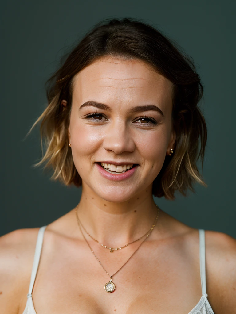 Realistic photo of a beautiful c4r3ym woman,1girl,solo,breasts,looking at viewer,smile,short hair,open mouth,blonde hair,simple background,white background,bare shoulders,jewelry,upper body,teeth,necklace,mole,head tilt,camisole,realistic, soft lighting, professional Photography, Photorealistic, detailed, RAW, analog, sharp focus, 8k, HD, high quality, masterpiece<lora:c4r3ym:1.0>