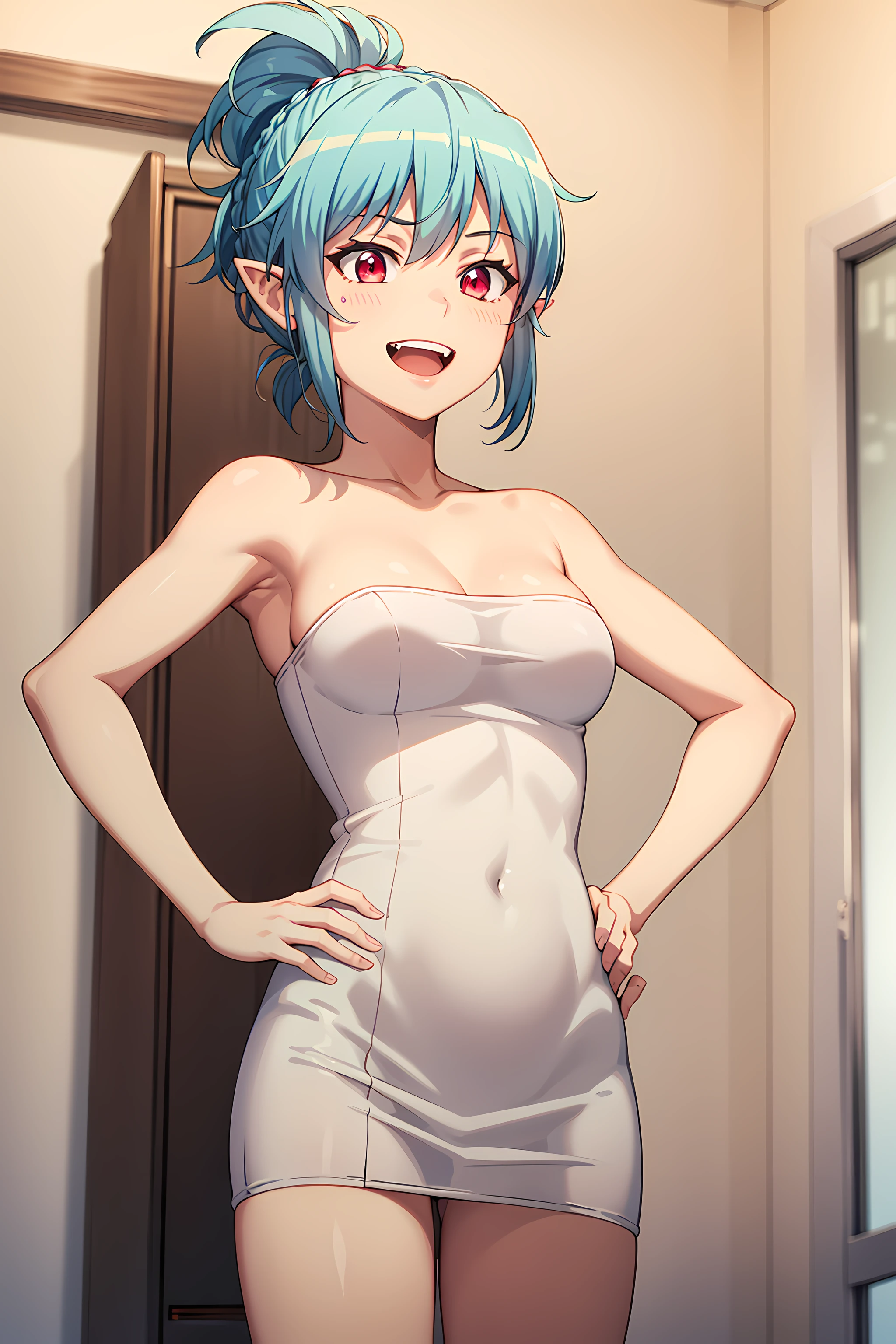 best quality, masterpiece, detailed,
<lora:Tsugumomo_Kiriha:0.8>, Kiriha,
1girl, open mouth, grin, fang,
aqua hair, red eyes, (alternate hairstyle, hair up:1.2), pointy ears,
steam censor, towel, medium breasts,
standing, hand on hip, looking at viewer,
bathroom, (steam:1.2)