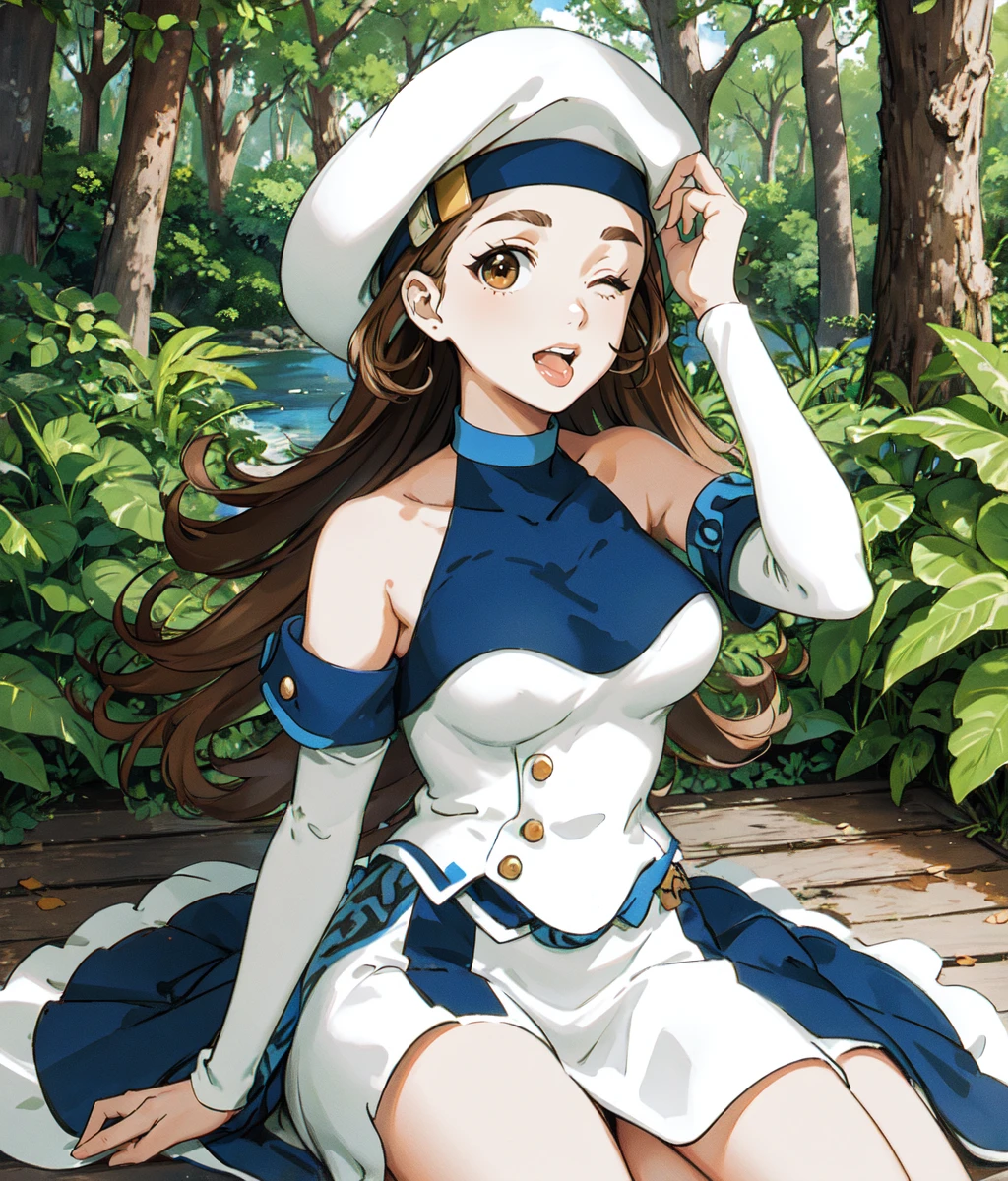 masterpiece, high res, detailed face, detailed eyes, 1 girl, solo, brown hair, brown eyes, long hair, white cap, blue dress, exposed shoulders, smile, sitting on the floor, hand on head, tongue out, one eye closed, outdoors, forest <lora:Millie:1>