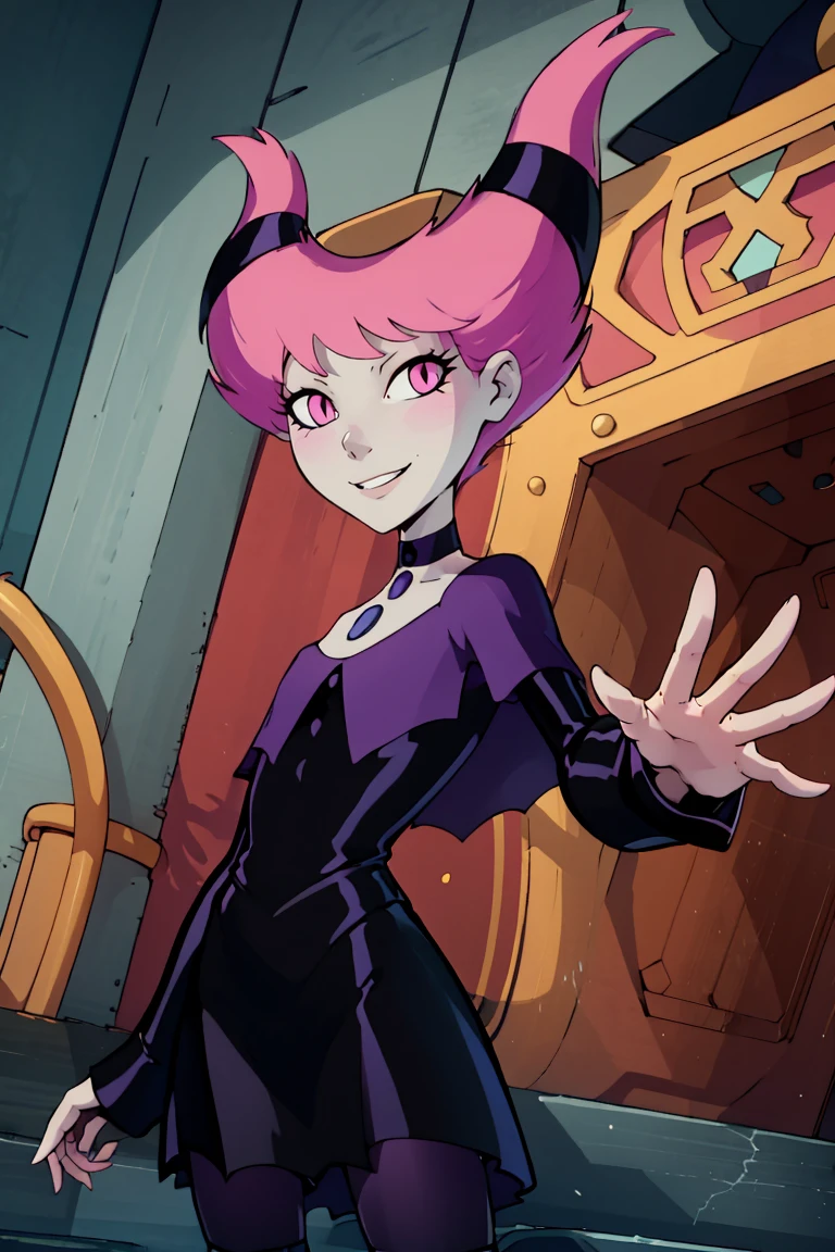 ((masterpiece,best quality)), absurdres, <lora:Jinx_TeenTitans:0.8>, Jinx_TeenTitans,   1girl, solo, pink eyes, pink hair, grey skin, hair up, pale skin, medium hair, hair horns, choker, striped pantyhose, capelet, black dress, jewelry,  solo, smiling, looking at viewer, dynamic pose