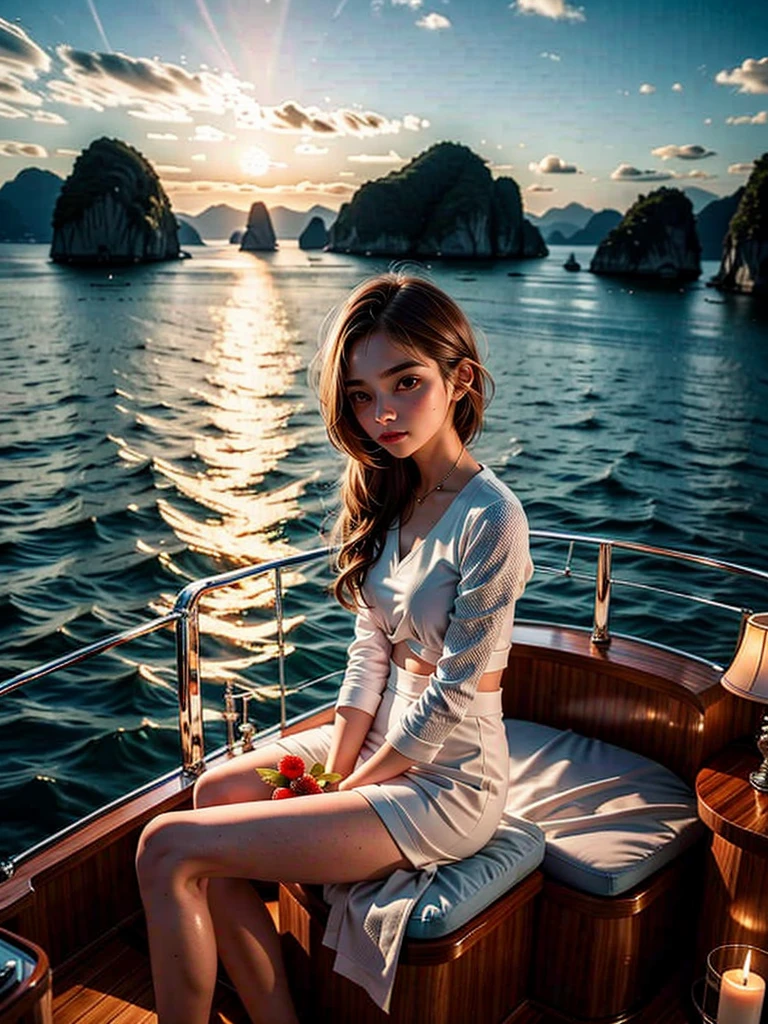 (1girl,  sitting in , yacht:1.5),  zoya , yacht
beach,  waves,  spray,  halong bay,  harbor,  sightseeing,  industry,  food,  wine glass,  flowers,  fruit,  candle,  table lamp,  heater,  sunset,<lora:EMS-266925-EMS:0.800000>,<lora:EMS-179-EMS:0.200000>,<lora:EMS-265871-EMS:0.500000>