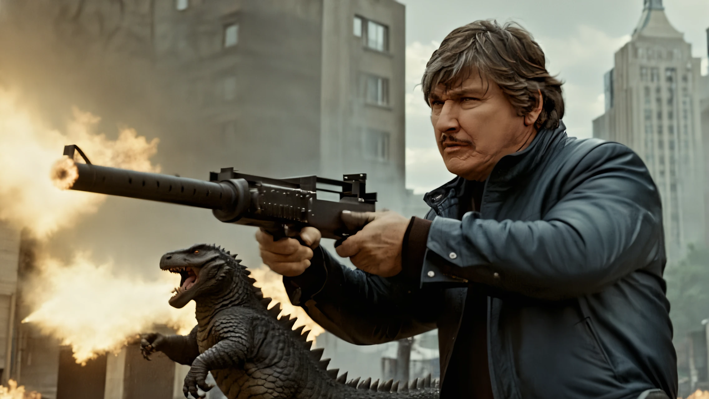 cinematic film still of a man in a leather jacket with a Browning machine gun is fighting Godzilla (Godzilla) <lora:Bronson:0.8>, shallow depth of field, vignette, highly detailed, high budget, bokeh, cinemascope, moody, epic, gorgeous, film grain, grainy