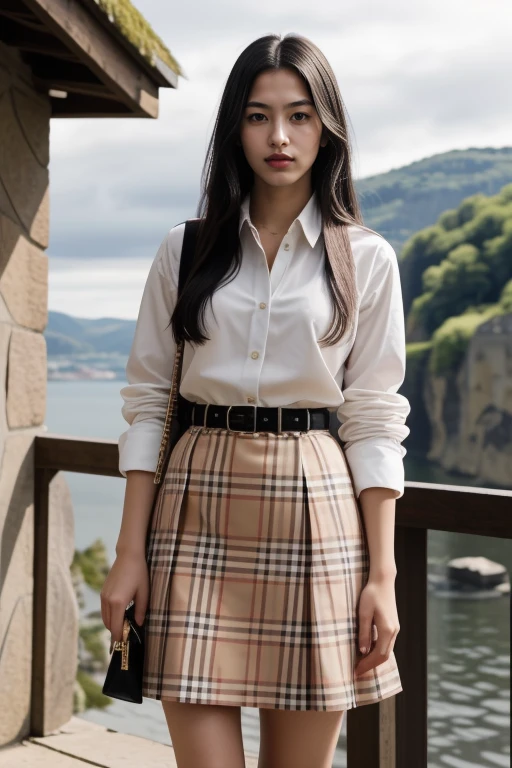 1 woman, 22yo, realistic, masterpiece, high detailed skin, looking at viewer, full body shot, scenic view, long hair, black hair
<lora:Burberry_Shirt_Skirt_By_Stable_Yogi:0.8> burberry plaid, skirt, belt, white shirt