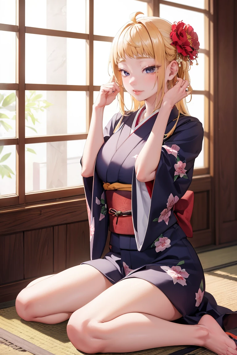 masterpiece, best quality, absurdres, FuyukiMinami, indoors, kimono, hair flower, floral print, wariza, sitting, hands on own knees, <lora:FuyukiMinami:1>