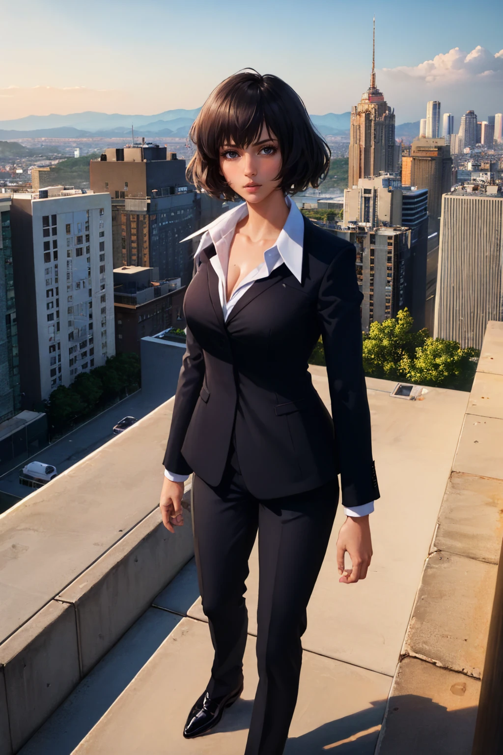 (masterpiece, best quality:1.2), solo, 1girl, chainsumeragi, expressionless, looking at viewer, formal, suit, pants, cleavage, cityscape scenery, rooftop <lora:kekkaisensen_sumeragi-10:1>