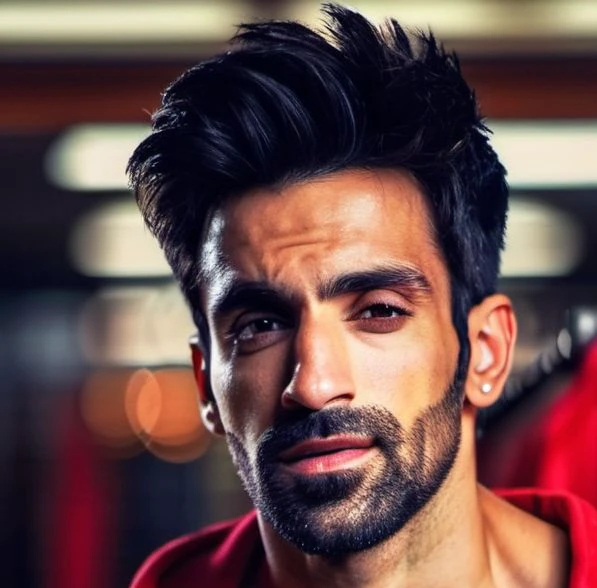 karan soni a man  <lora:arjit-taneja_karan-soni:1>, realistic photo in a worn ((skin-revealing skimpy erotic red tracksuit, massive hairy pecs)), big pecs, big arms, bulge, VPL, ((light bokeh)), intricate, (steel metal [rust]), elegant, erotic, exuding sexual energy, homoerotic, sharp focus, photo by greg rutkowski, soft lighting, vibrant colors, (masterpiece), ((streets)), (detailed face), looking at viewer, light smile, night, walking towards viewer, cinematic lighting, beautiful lighting, cinematic lighting, (hazy filter, film grain:1.2)