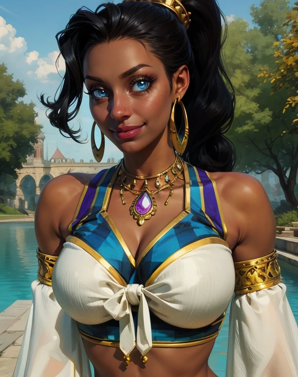 pullum,blue eyes,black hair,ponytail,looking at viewer,
jewerly,detached sleeves,hoop earrings,white top,navel,smile,necklace,gem,
standing,upper body,necklace,
outdoors,
(insanely detailed, beautiful detailed face, masterpiece, best quality),solo,<lora:pullumpurna-11FELv8:0.7>,