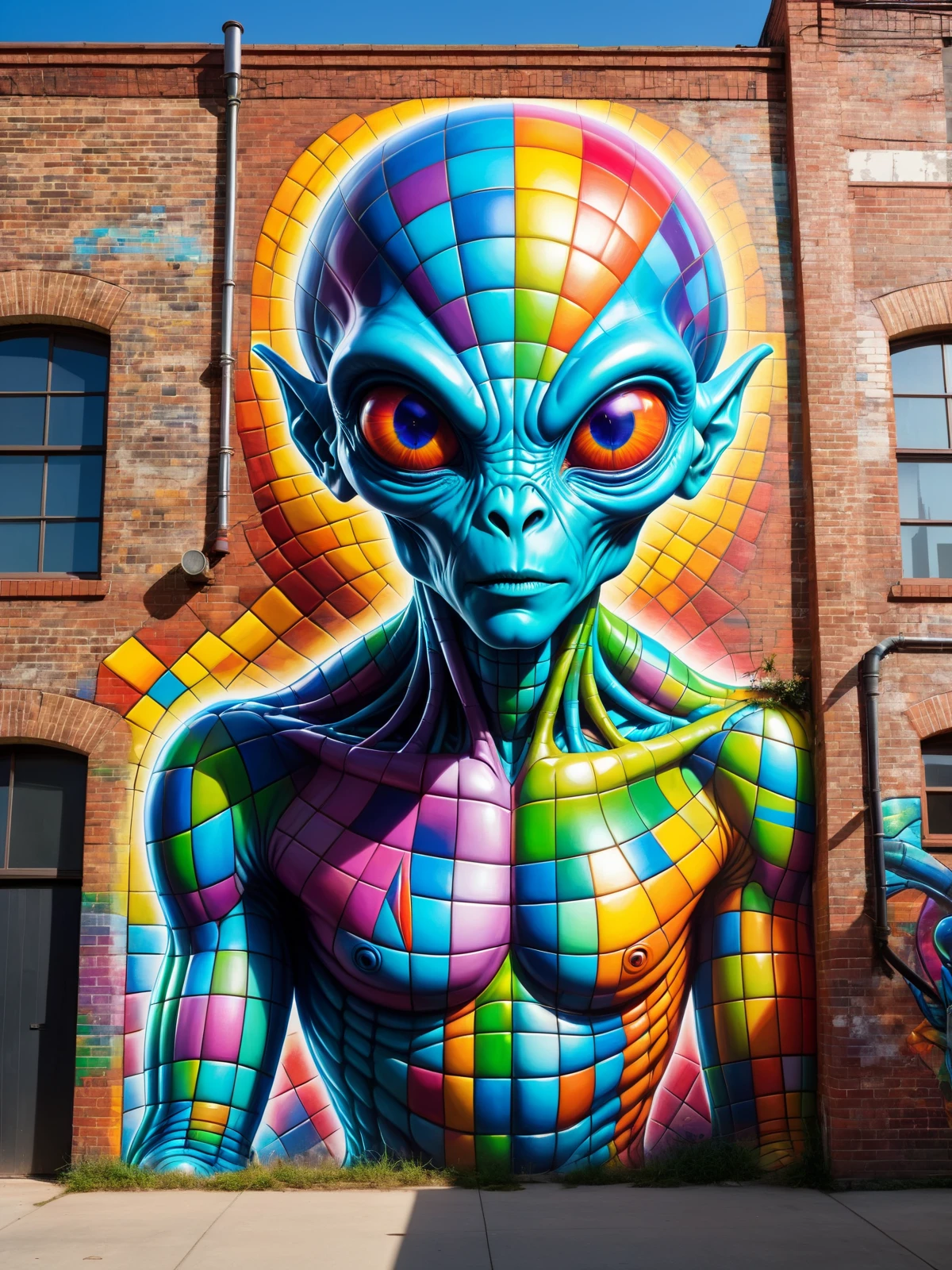 old warehouse with a mad_colorful_checker mural of an alien, brick walls, city  <lora:Colorful_Checker_SDXL:0.8>, (masterpiece:1.2), best quality
