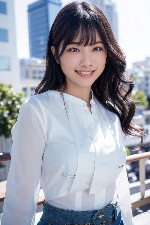 1girl, (cropped top:1.2),(white blouse:1.8),(RAW photo, best quality), (realistic, photo-realistic:1.8), masterpiece, an extremely delicate and beautiful, extremely detailed, 2k wallpaper, Amazing, finely detail, extremely detailed CG unity 8k wallpaper, ultra-detailed, highres, soft light, beautiful detailed girl, extremely detailed eyes and face, beautiful detailed nose, beautiful detailed eyes,cinematic lighting,(in the city:2.0),perfect anatomy,(slender body:1.6),(close up face:2.0),(laugh,friendly, warm:1.8),(looking at viewer:2.0),(young japanese idol:1.8),(wavy long hair:1.8), (brown eyes:1.8), (cleavage:1.4),(dyamic pose:2.0), <lora:misakinako_lora-15:0.8>
