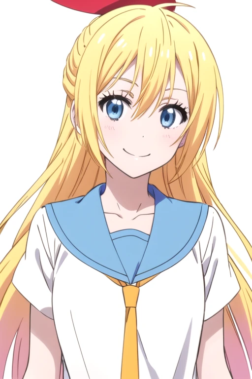 solo, 1girl, <lora:chitoge-nisekoi:0.8>, chitoge kirisaki, serafuku, necktie, smile, looking at viewer, sketch, oekaki, flat colors, 2D, anime coloring, upper body, jaggy lines, (solid white background:1.3)