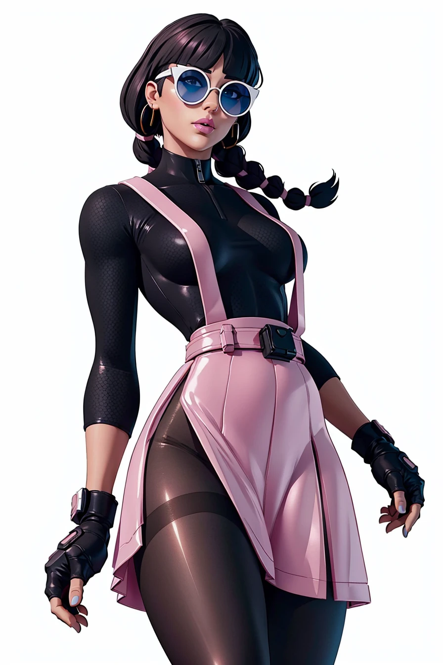 <lora:VRAMsChicPink:0.5> vramschic, 1girl, bangs, bodysuit, pink skirt, blunt bangs, twin braids, black hair, photoshoot, makeup, white background, simple background, fingerless gloves, suspenders, pantyhose, pouch, knee, from below, dominating, sunglasses