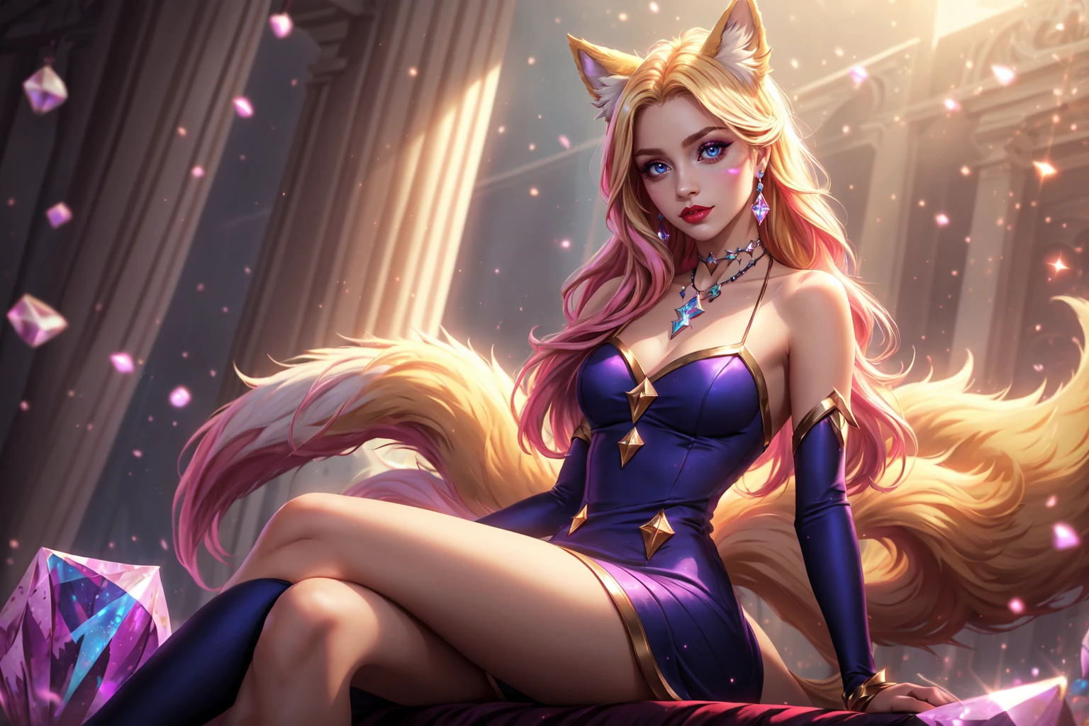LoL Style, 1girl, animal ears, asymmetrical clothes, blonde hair, blue eyes, choker, crystal, dress, facial mark, fox ears, fox girl, fox tail, hair ornament, jewelry, k/da , (league of legends), long hair, looking at viewer, makeup, nail polish, necklace, pink hair, red lips, sitting, solo, tail, very long hair, whisker markings, crossed legs, wide shot, LimitBreakStyler, <lora:LeagueStyles:0.8>