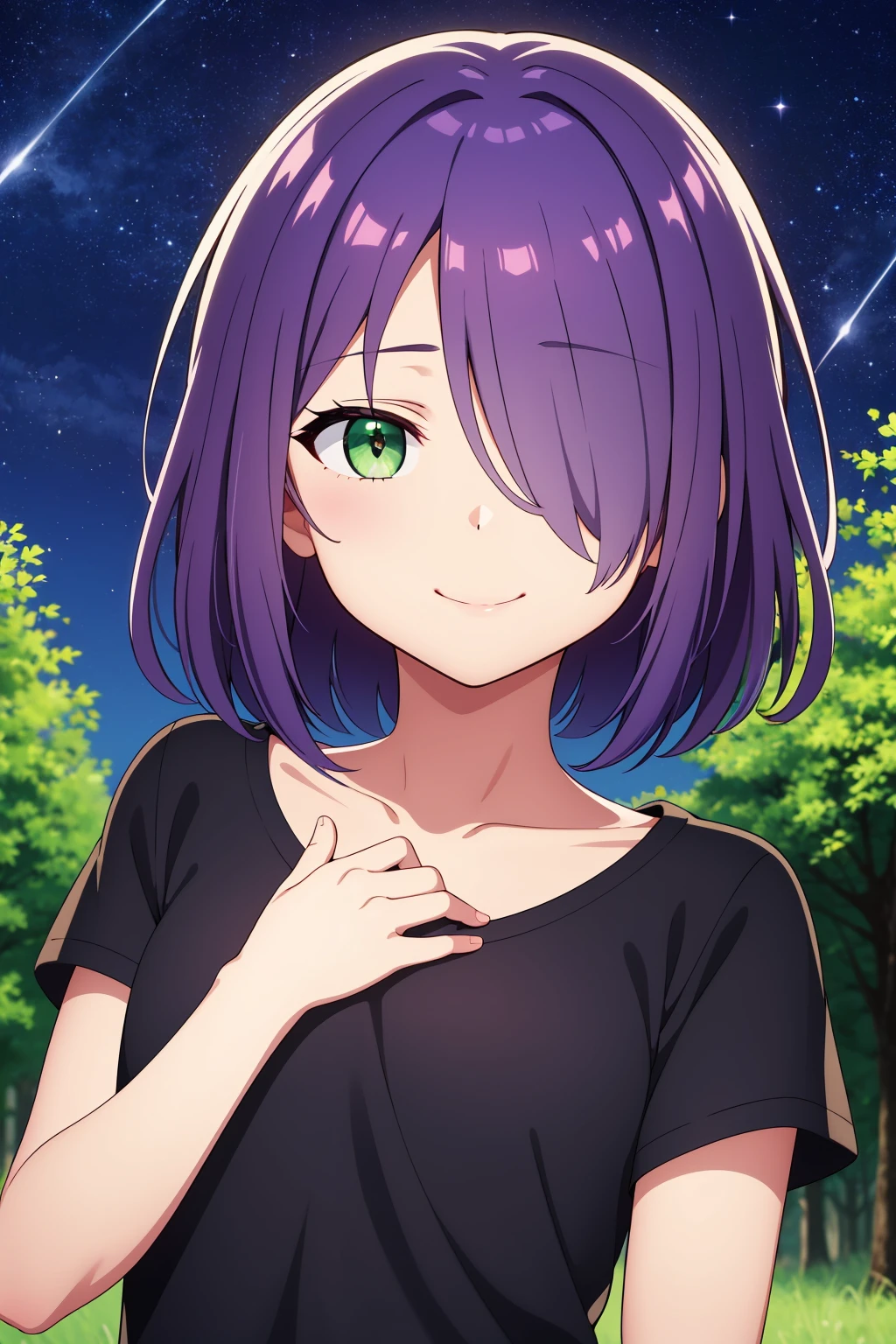 (masterpiece), best quality, expressive eyes, perfect face, solo,
short hair, wavy hair, hair over one eye, purple hair, green eyes, flat chest, black t-shirt, seductive smile, short sleeves,
portrait, starry sky, forest,