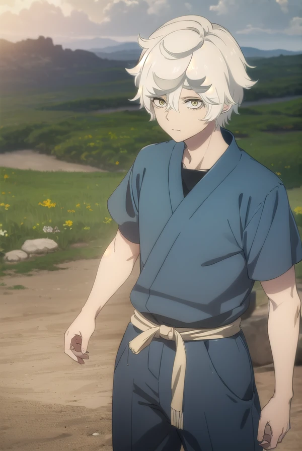 gabimaru, <lora:gabimaru s1-lora-nochekaiser:1>,
gabimaru, short hair, (yellow eyes:1.3), white hair, male focus,
BREAK japanese clothes, pants, sandals,
BREAK outdoors, forest, nature, sky, sun, clouds,
BREAK looking at viewer, (cowboy shot:1.5),
BREAK <lyco:GoodHands-beta2:1>, (masterpiece:1.2), best quality, high resolution, unity 8k wallpaper, (illustration:0.8), (beautiful detailed eyes:1.6), extremely detailed face, perfect lighting, extremely detailed CG, (perfect hands, perfect anatomy),