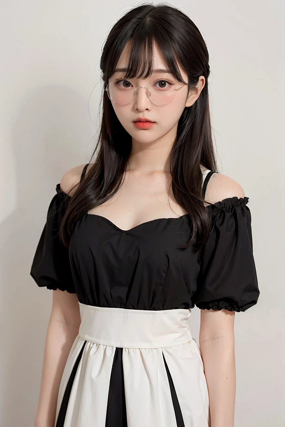 1girl, hair with bangs, black formal long dress, white background, <lora:Deerlong-02:1>