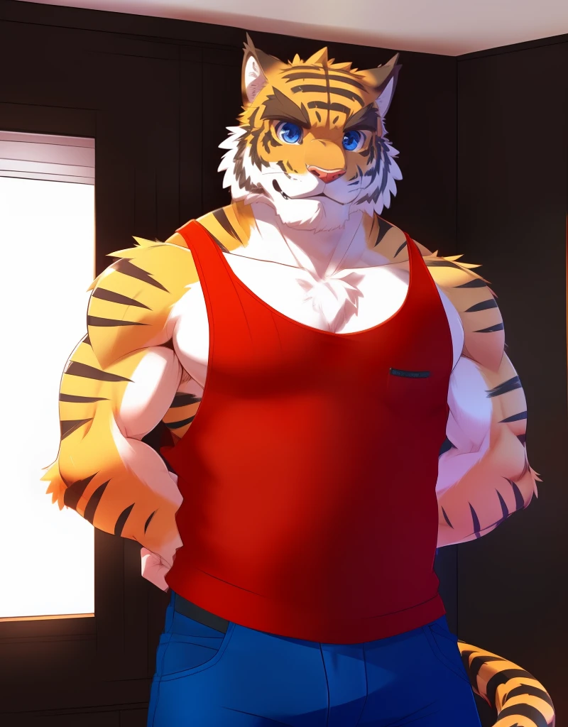 (((detailed eyes, detailed face))), (furry, torahiko <lora:character_torahiko_findigo_v2:1>, white hair, facial hair, thick eyebrows), male, (solo), (plump), (red tank top, blue cropped pants), standing, (arms behind back), smile BREAK (konzaburou, ukan_muri, cute), bedroom, (flat shading, flat color, high brightness), 8k, UHD, masterpiece, (full body)