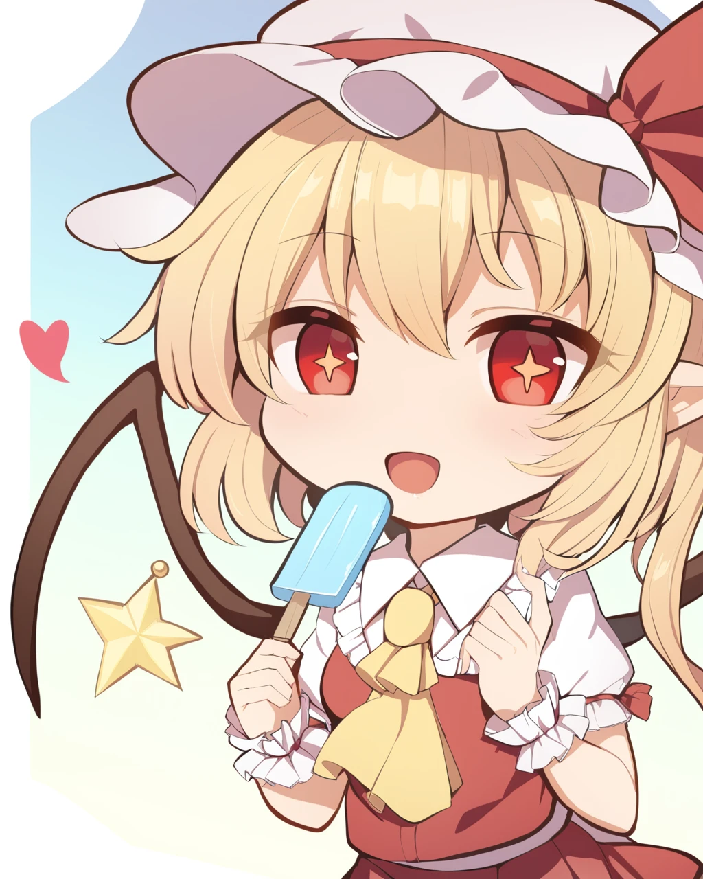 flandre scarlet,1girl, solo, wings, star_\(symbol\), heart, popsicle, mob_cap, open_mouth, side_ponytail, symbol-shaped_pupils, ascot, drinking_straw, chibi, bow, smile, wrist_cuffs, skirt
<lora:flandre_scarlet_a3base-000005:1>,masterpiece, best quality